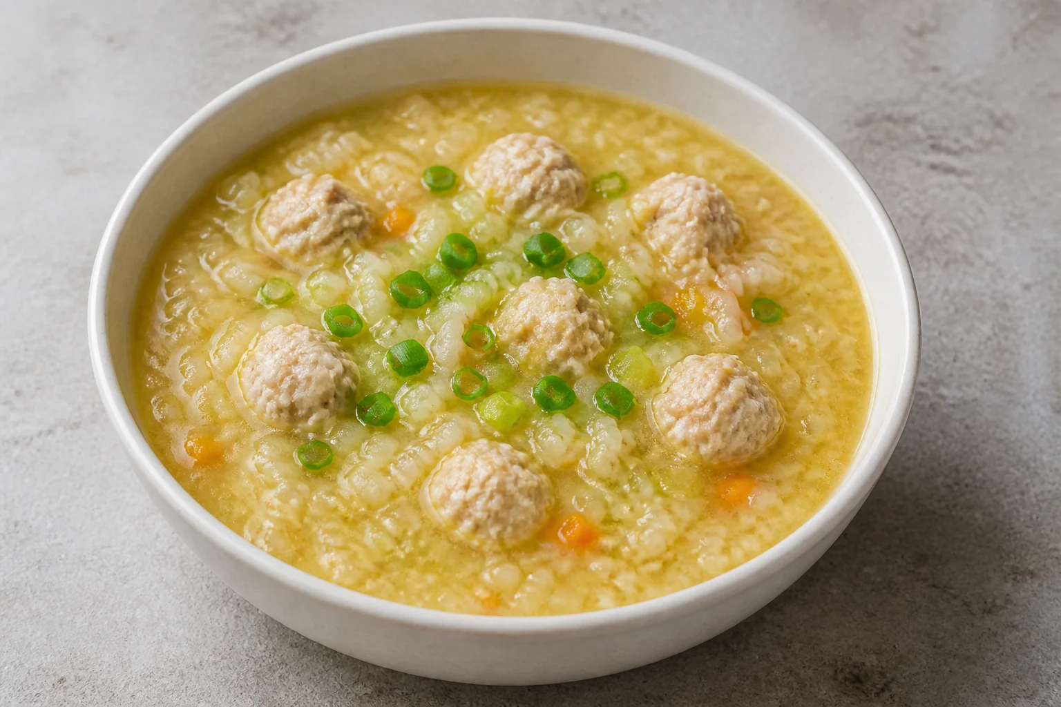 Arroz caldo with chicken meatballs, rice and green onions