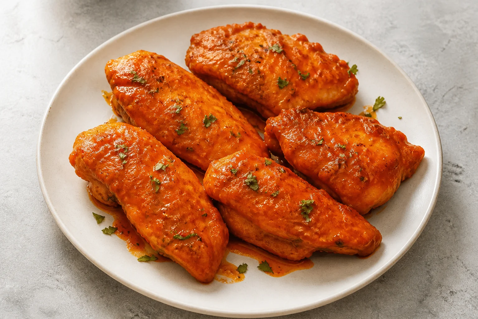 Boneless buffalo-style chicken breast with hot sauce and butter glaze