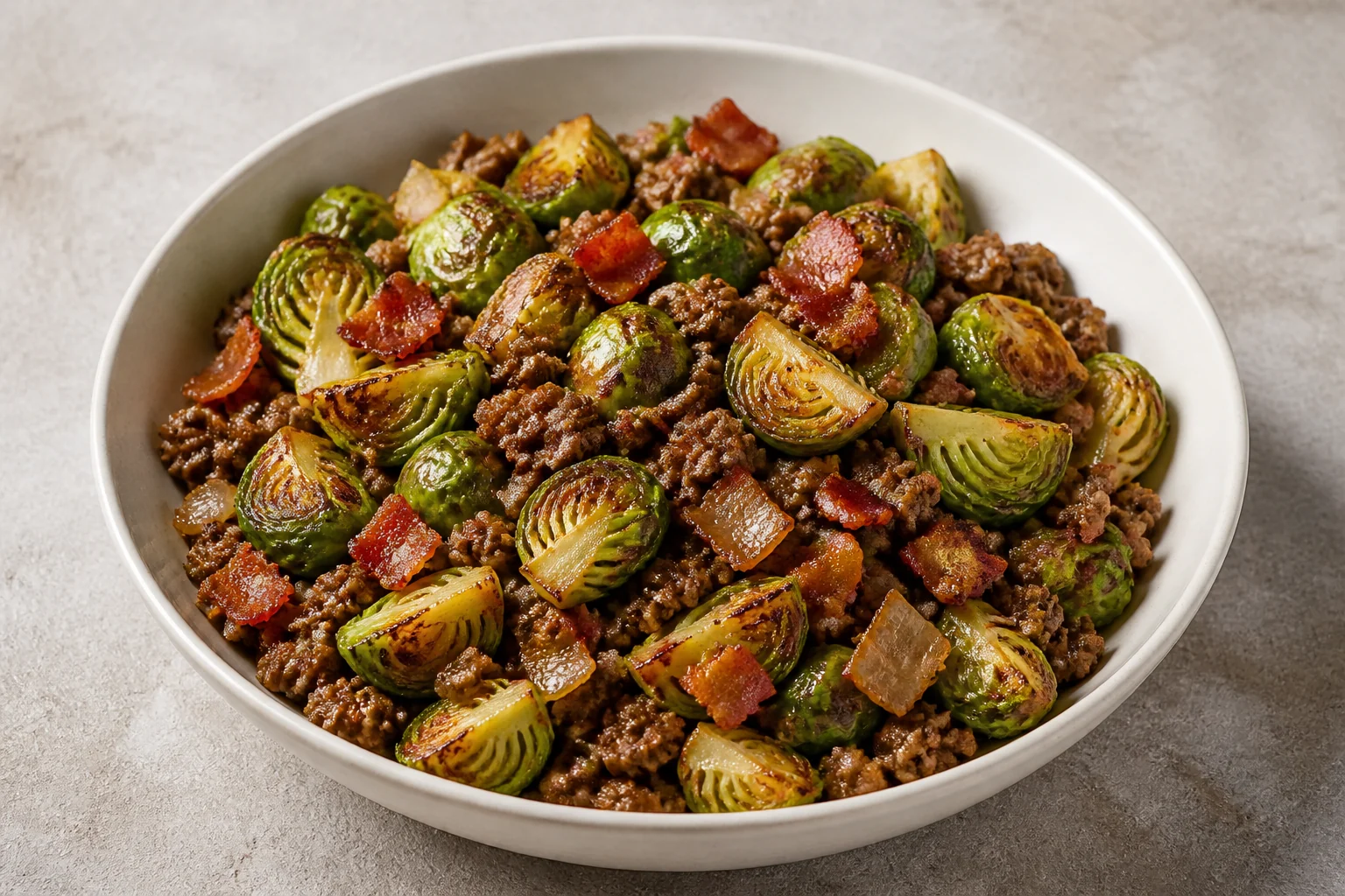 Ground buffalo with roasted Brussels sprouts and bacon