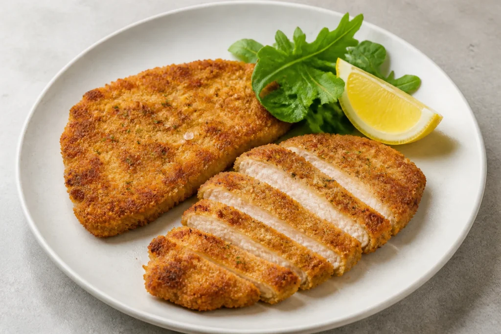 Golden chicken Milanese cutlets with lemon and greens