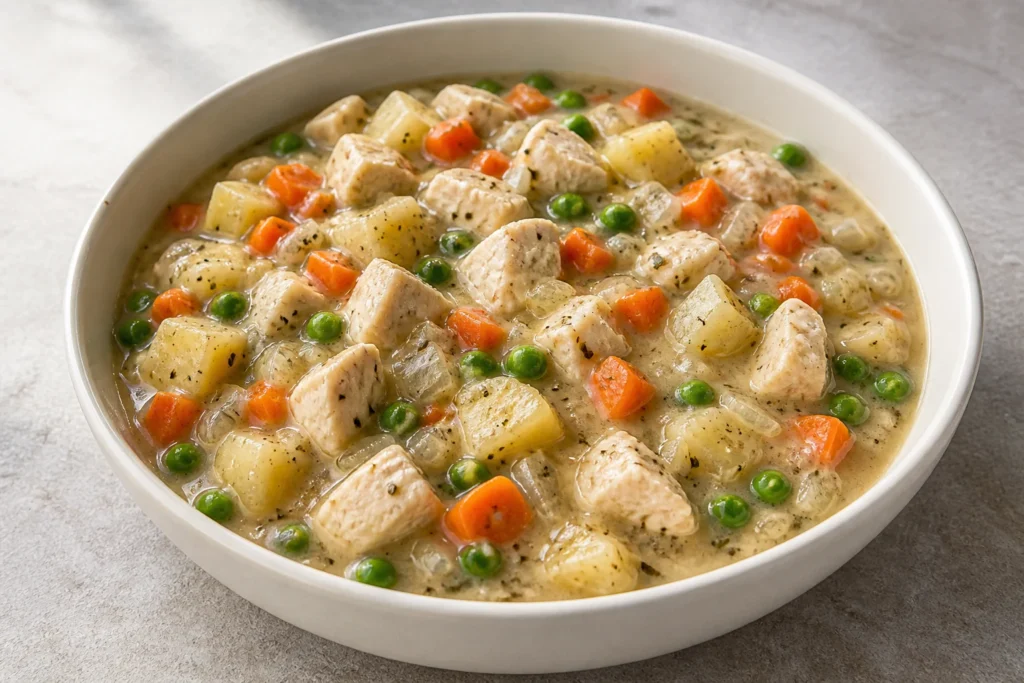 Crustless chicken pot pie with potatoes, peas and carrots