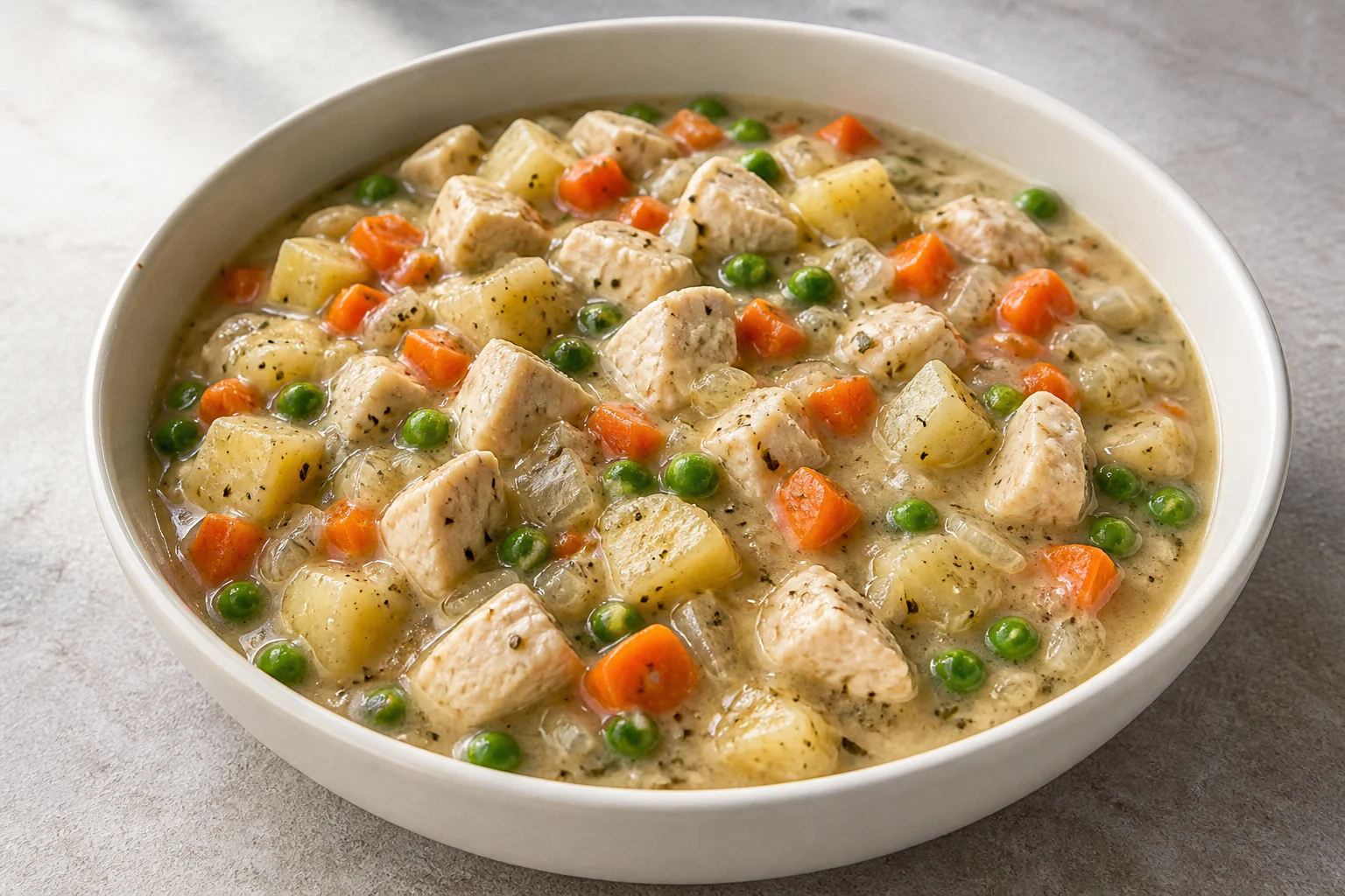 Crustless chicken pot pie with potatoes, peas and carrots