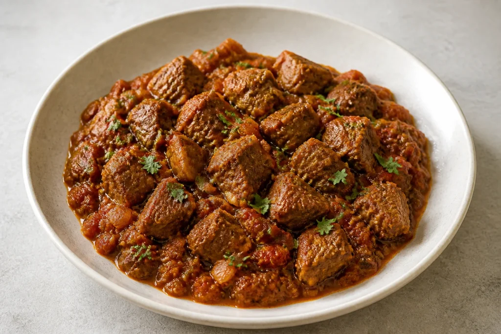 Goat masala in a thick tomato and onion sauce with parsley
