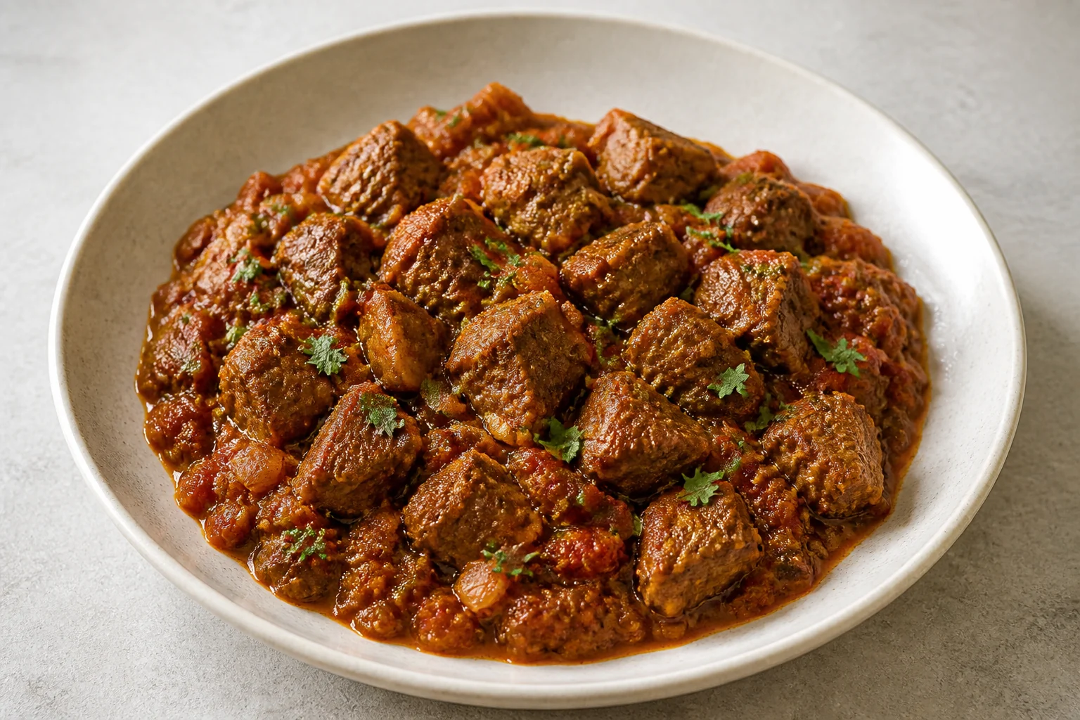 Goat masala in a thick tomato and onion sauce with parsley