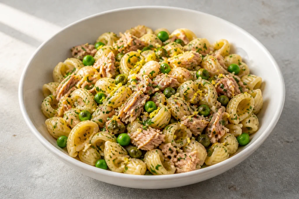 Italian pasta with tuna, peas, lemon, parsley and capers