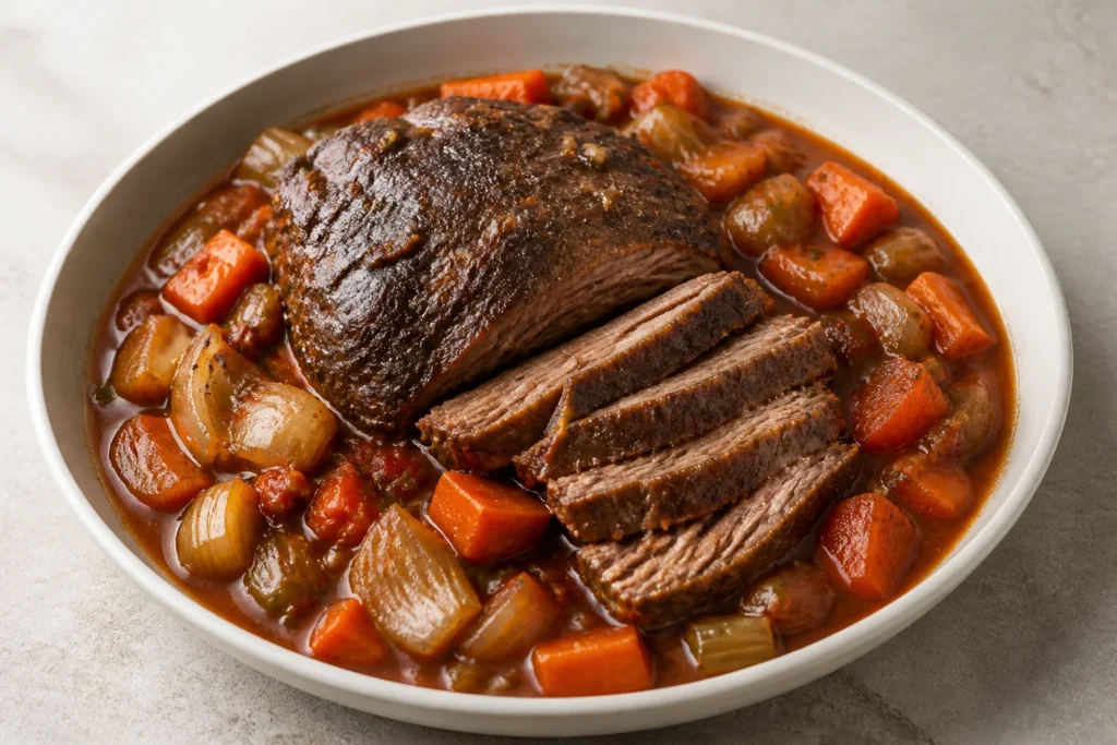 Braised pot roast with carrots, celery and onions in pan gravy