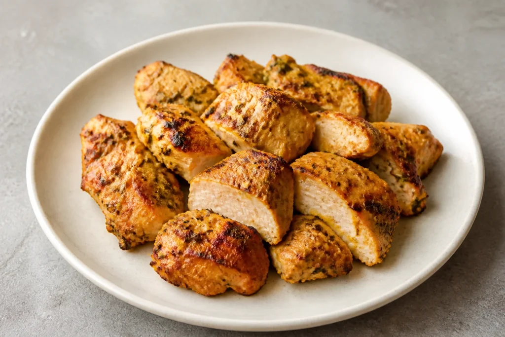 Tandoori-style yogurt-spiced chicken breast pieces