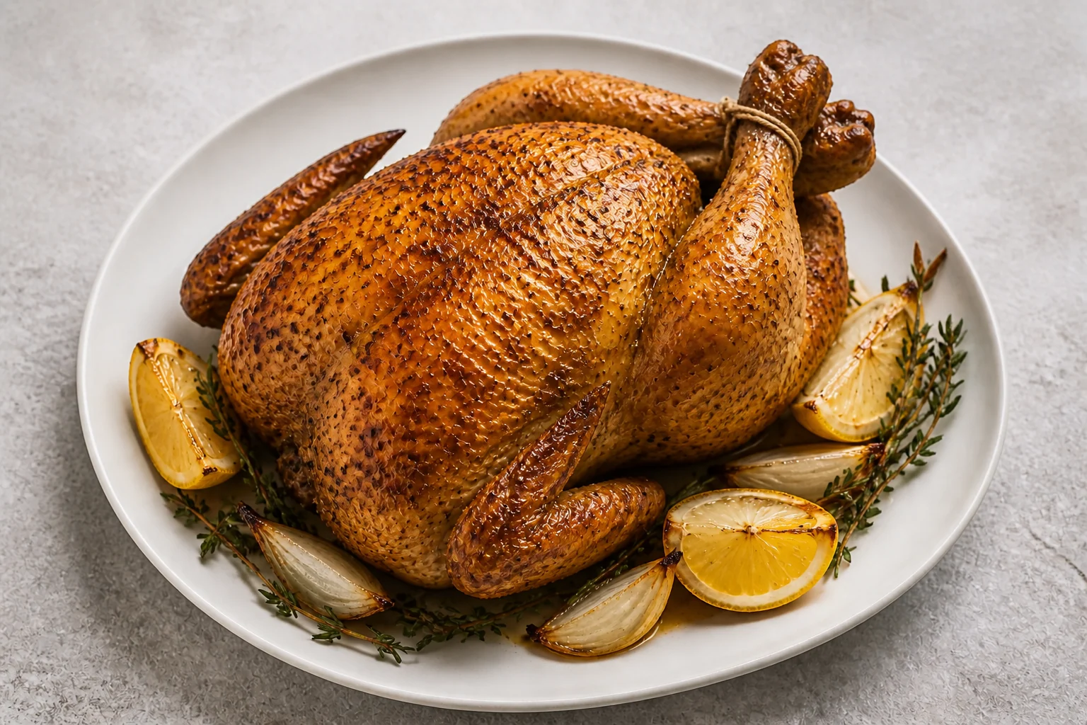 Traditional herb-roasted whole chicken with lemon and onion
