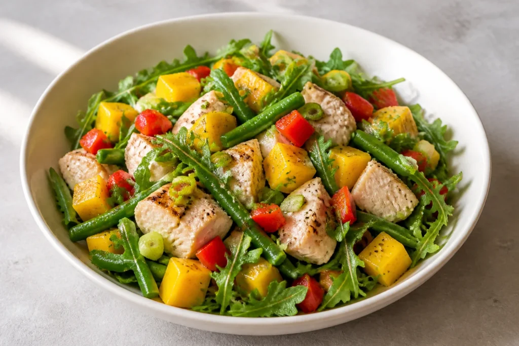 Tropical chicken salad with chicken, mango, green beans, red pepper and arugula